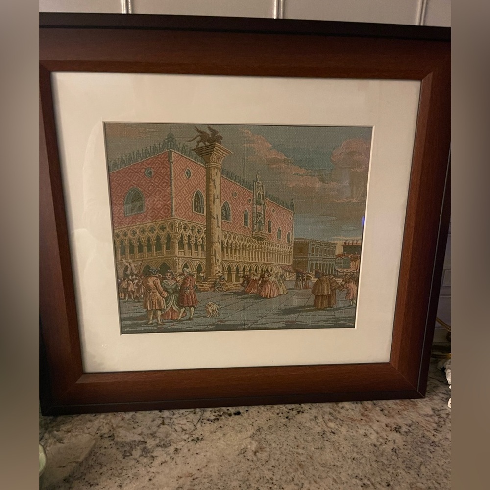 Vintage Framed Italian Tapestry of San Marco Square